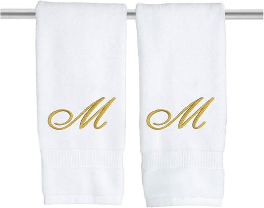 White Monogrammed Hand Towels for Bathroom - Luxury Hotel Quality Personalized Initial Embroidered Towel for Powder Room, Spa - GOTS Organic Certified - Pack of 2 Gold, Letter M