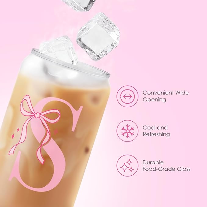 SANDJEST Monogrammed Glass Drinking Can Cup with Acrylic Lid and Straw, Personalized Frosted Iced Coffee Tumbler 16oz, Monogram Initial Gifts for Women Girls on Birthday (S)