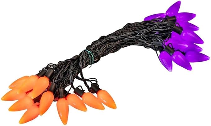 Novelty Lights 25 Feet 25 Light C9 Ceramic Style LED String Lights, Purple/Orange, Pre-Lamped Halloween Lights on Black Wire, UL Listed Indoor/Outdoor, Connectable End-to-End
