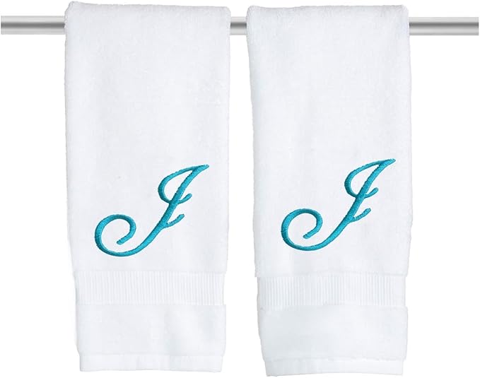 White Monogrammed Hand Towels for Bathroom - Luxury Hotel Quality Personalized Initial Embroidered Towel for Powder Room, Spa - GOTS Organic Certified - Set of 2 Teal Letter J