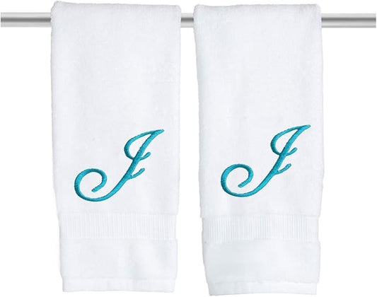 White Monogrammed Hand Towels for Bathroom - Luxury Hotel Quality Personalized Initial Embroidered Towel for Powder Room, Spa - GOTS Organic Certified - Set of 2 Teal Letter J