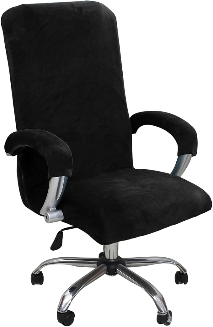 Velvet Plush Stretch Computer Office Chair Cover with Armrest, Chair Seat Cover for Office Chair for Pets & Kids, Removable Universal Desk Chair Covers for Swivel Rotating, Black, XL
