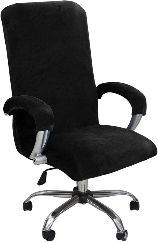 Velvet Plush Stretch Computer Office Chair Cover with Armrest, Chair Seat Cover for Office Chair for Pets & Kids, Removable Universal Desk Chair Covers for Swivel Rotating, Black, XL