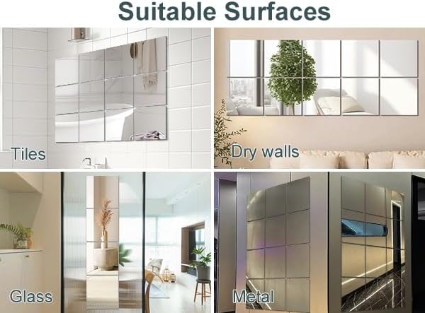 Vlush Adhesive Wall Mirror Tiles 13'' x 13'' x 4PCS Full Body & Full Length Mirrors Wall Mounted Mirrors Decorative for Home Gym, Door, Bedroom & Bathroom