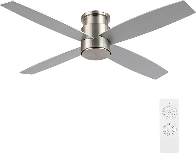 WINGBO 44" Flush Mount DC Ceiling Fan without Lights, 4 Reversible Plywood Blades, Quiet 6-Speed DC Motor, Hugger Low Profile Ceiling Fan No Lights for Bedroom, Brushed Nickel Finish
