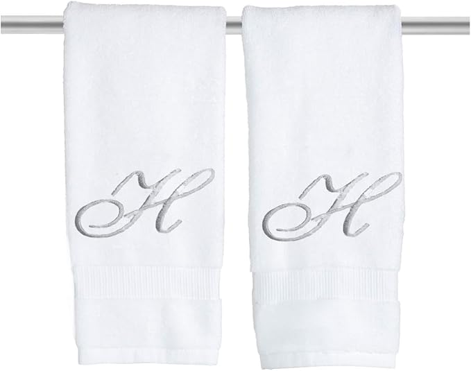 White Monogrammed Hand Towels for Bathroom - Luxury Hotel Quality Personalized Initial Embroidered Towel for Powder Room, Spa - GOTS Organic Certified - Pack of 2 Silver, Letter H