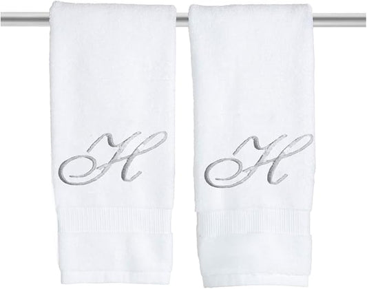 White Monogrammed Hand Towels for Bathroom - Luxury Hotel Quality Personalized Initial Embroidered Towel for Powder Room, Spa - GOTS Organic Certified - Pack of 2 Silver, Letter H