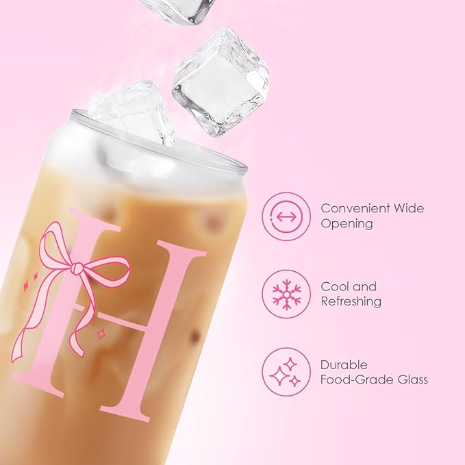 SANDJEST Monogrammed Glass Drinking Can Cup with Acrylic Lid and Straw, Personalized Frosted Iced Coffee Tumbler 16oz, Monogram Initial Gifts for Women Girls on Birthday (H)