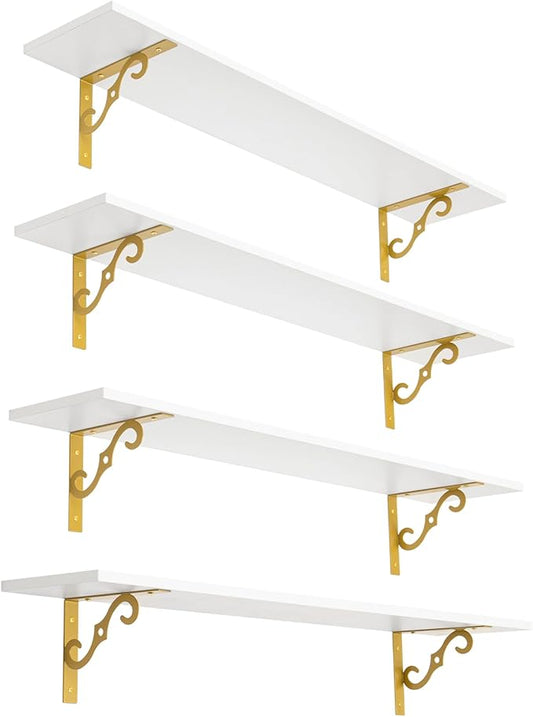 DINZI LVJ Long Wall Shelves, 39.4" Large Floating Shelves Set of 4, Farmhouse Display Shelf Wall Mounted with Heavy Duty Bracket, Easy Assembly for Kitchen, Bathroom, Bedroom, Balcony, White and Gold