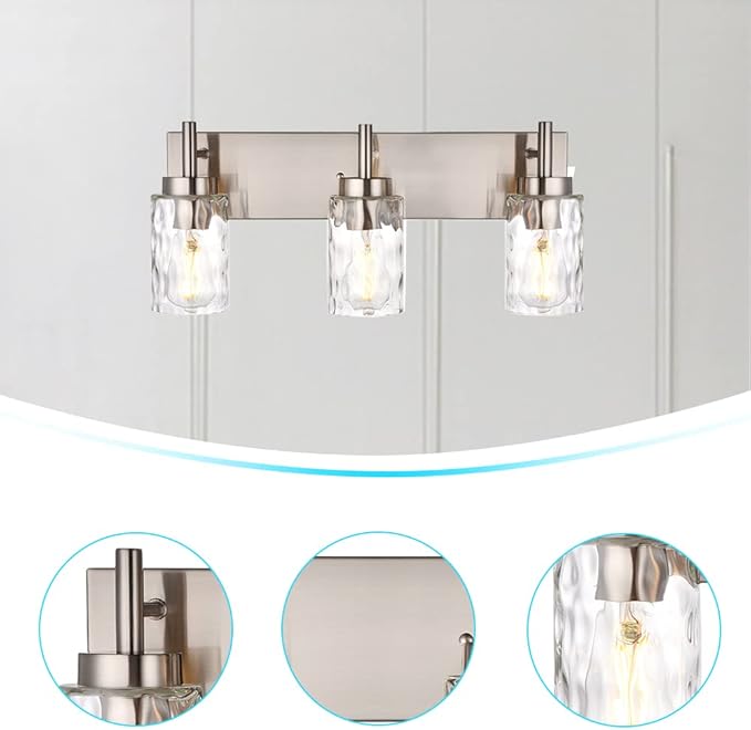 BONLICHT Brushed Nickel Vanity Light Modern 3 Light Bathroom Lighting Fixture Over Mirror with Clear Hammered Glass Shade, Industrial Indoor Farmhouse Wall Mounted Lamp for Powder Room Kitchen Hallway