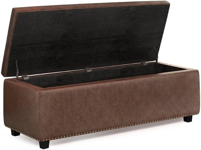 48"W Leather Storage Ottoman Bench with Lift Top, Nail Head Trim, Footrest with Large Storage Space, Distressed Brown Storage Chest, Queen Size End of Bed Bench with Hidden Space for Blankets