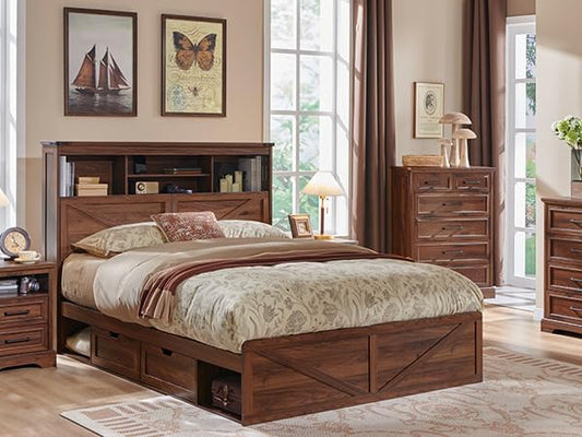 ACCOHOHO Farmhouse Full Size Bed Frame with 52" Tall Storage Headboard and LED Light,Wood Platform Bed Frame with 4 Drawers and Charging Station,Solid Wood Slats Support,No Box Spring Needed,Brown