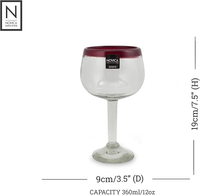 NOVICA Hand Blown Clear Red Recycled Glass Wine Glasses, 12 Oz 'Ruby Globe' (Set Of 4)
