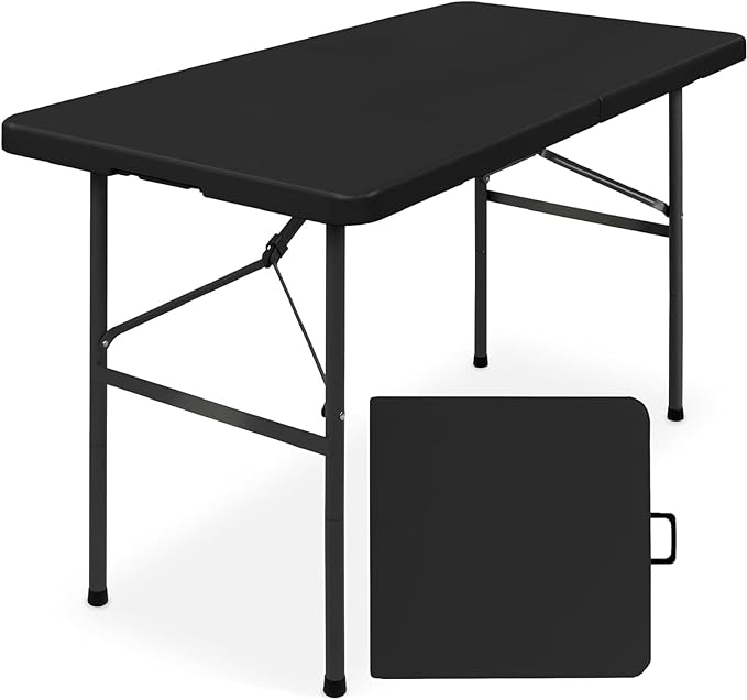 SIMPLI-Magic 4ft Portable Plastic Folding Table – 17% Thicker Than Others – Indoor & Outdoor Heavy-Duty Foldable Utility Table w/Handle for Party & Camping (Black)