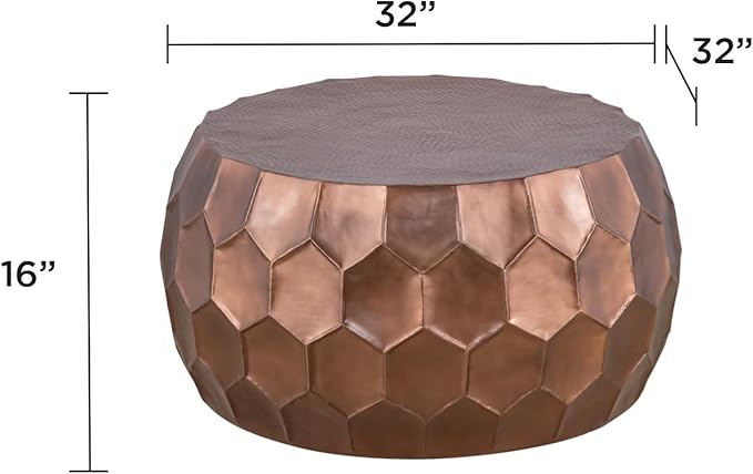 Modern Contemporary Round Aluminum Material 32" Coffee Table and 21" Height End 2PC Table Set with Glossy Diamond-Patterned Base Antique Copper