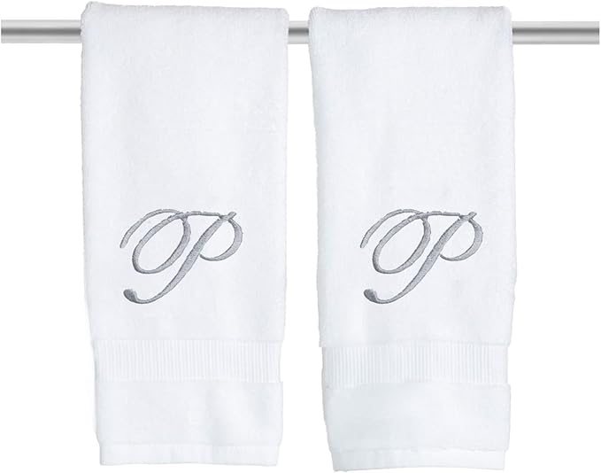 White Monogrammed Hand Towels for Bathroom - Luxury Hotel Quality Personalized Initial Embroidered Towel for Powder Room, Spa - GOTS Organic Certified - Set of 2 Silver Letter P