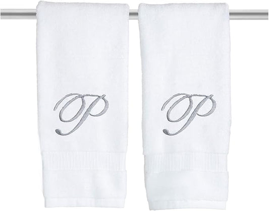 White Monogrammed Hand Towels for Bathroom - Luxury Hotel Quality Personalized Initial Embroidered Towel for Powder Room, Spa - GOTS Organic Certified - Set of 2 Silver Letter P