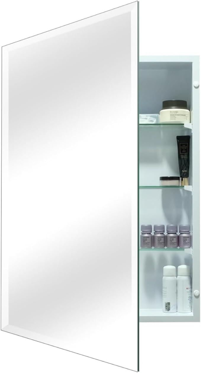 Bathroom Medicine Cabinet with 16"x26" Frameless Mirror, Rectangular Beveled Frameless Mirror Cabinet,Wall Mounted Cabinet for Bathroom Toilet Kitchen,Recess or Surface Mount Installation