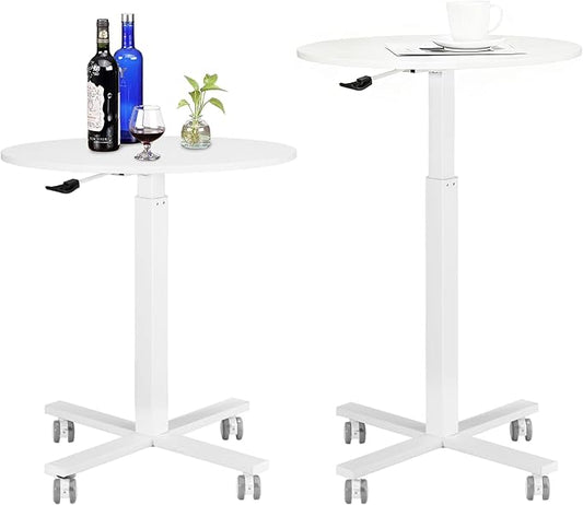 Round Bar Table, Adjustable Height and Rolling Small Dining Table, Dual-Use Cocktail Table with Removable Casters for Bar, Bistro, Café(White), Set of 1