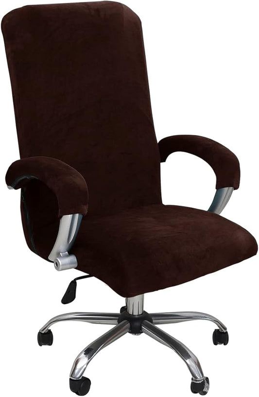 Velvet Plush Office Desk Chair Cover - Cat Proof Stretchable Elastic Comfy Protector for Ergonomic Office Chair with Wheels and Armrests, Fits Mesh and Executive Office Chairs,Removable,Coffee,XL
