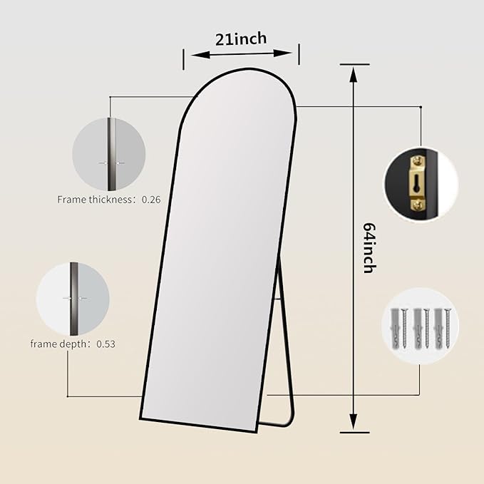 Arched Full Length Mirror,64" L x 20" W Floor Mirror, Aluminum Alloy Frame, Shatterproof Glass - Free Standing, Leaning or Wall Mounted for Bedroom, Living Room, Entryway, Modern Home (Black)