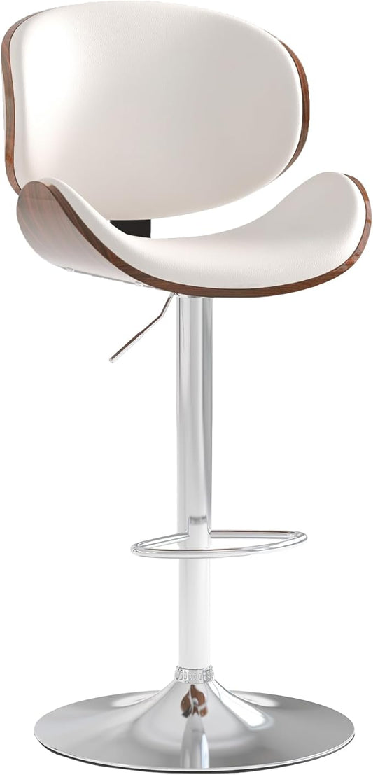 Adjustable Swivel Bar Stools 1 PC, Modern Bentwood Barstool with Large Metal Base and Footrest, PU Leather Upholstered Bar Chair with Curved Back for Kitchen Island Dining Room, White