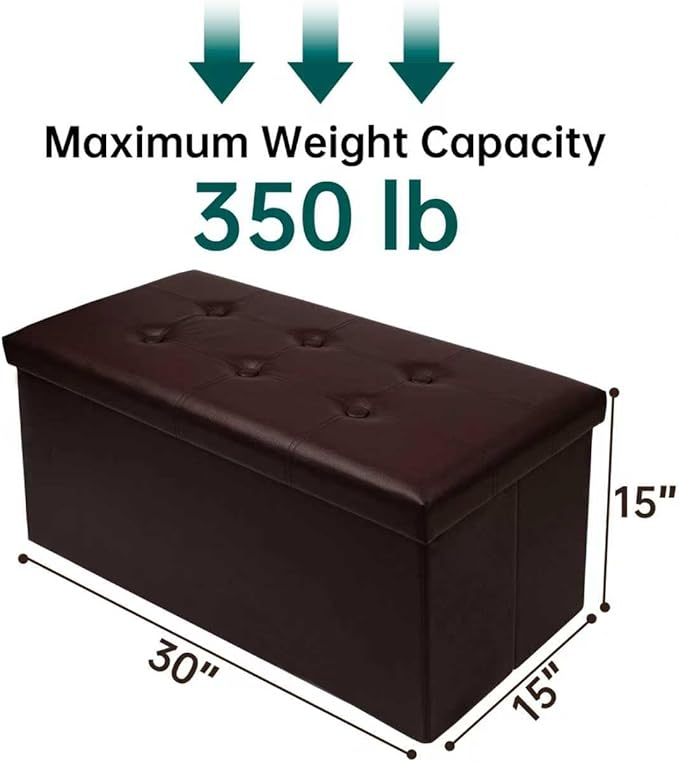 30 Inches Folding Storage Ottoman Bench, Faux Leather Footstool Ottoman, Storage Trunk Footrest for Bedroom, Living Room and Hallway, Support 350lbs, Brown(Brown line)