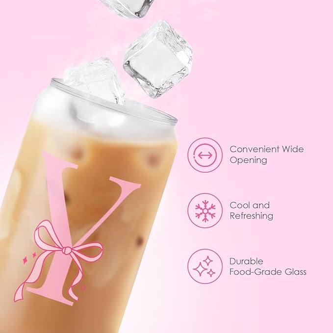 SANDJEST Monogrammed Glass Drinking Can Cup with Acrylic Lid and Straw, Personalized Frosted Iced Coffee Tumbler 16oz, Monogram Initial Gifts for Women Girls on Birthday (Y)
