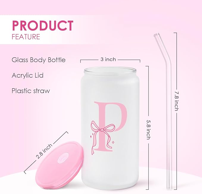 SANDJEST Monogrammed Glass Drinking Can Cup with Acrylic Lid and Straw, Personalized Frosted Iced Coffee Tumbler 16oz, Monogram Initial Gifts for Women Girls on Birthday (P)