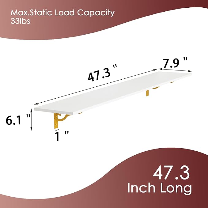 DINZI LVJ Long Wall Shelves, 47.3" Large Floating Shelves Set of 4, Farmhouse Display Shelf Wall Mounted with Heavy Duty Bracket, Easy Assembly for Kitchen, Bathroom, Bedroom, Balcony, White and Gold