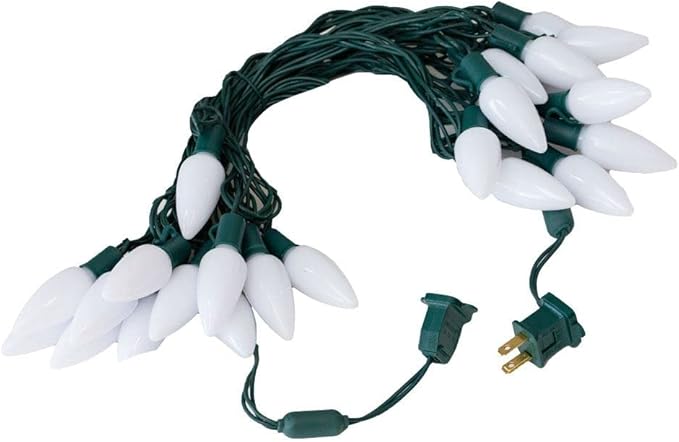 Novelty Lights 25 Feet 25 Light C9 Ceramic Style LED String Lights, Pure White, Pre-Lamped Holiday Lights on Green Wire, UL Listed Indoor/Outdoor, Connectable End-to-End