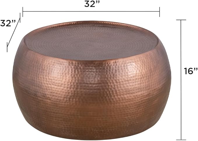 CT501 Modern Contemporary Round Aluminum Material 32" Coffee Table, Farmhouse Table with Glossy Hand Hammered Design Antique Copper