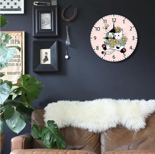 Wall Clock,Cat with Flowers Kitchen Decor and Accessories, Decorative Battery Operated Clocks for Living Room Bedroom Bathroom Farmhouse 12 Inch