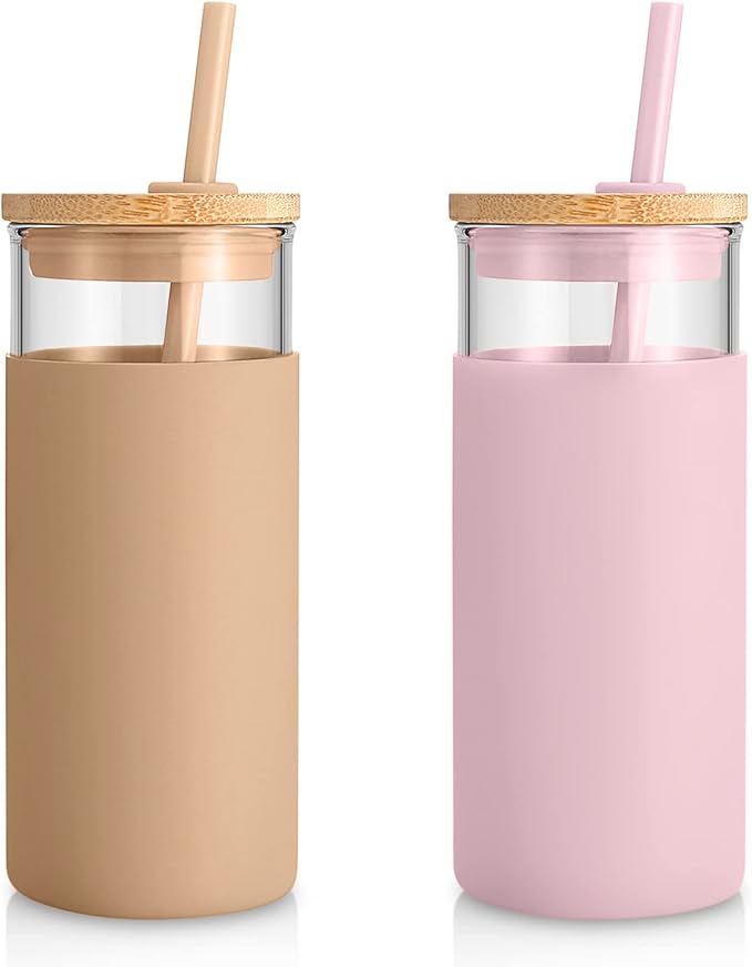 Tronco 20 oz Glass Tumbler with Lid and Straw, Iced Coffee Cup and Smoothie Cup with Bamboo Lids & Protective Silicone Sleeve, Dishwasher Safe, BPA-Free, Glass Cup 2 Pack