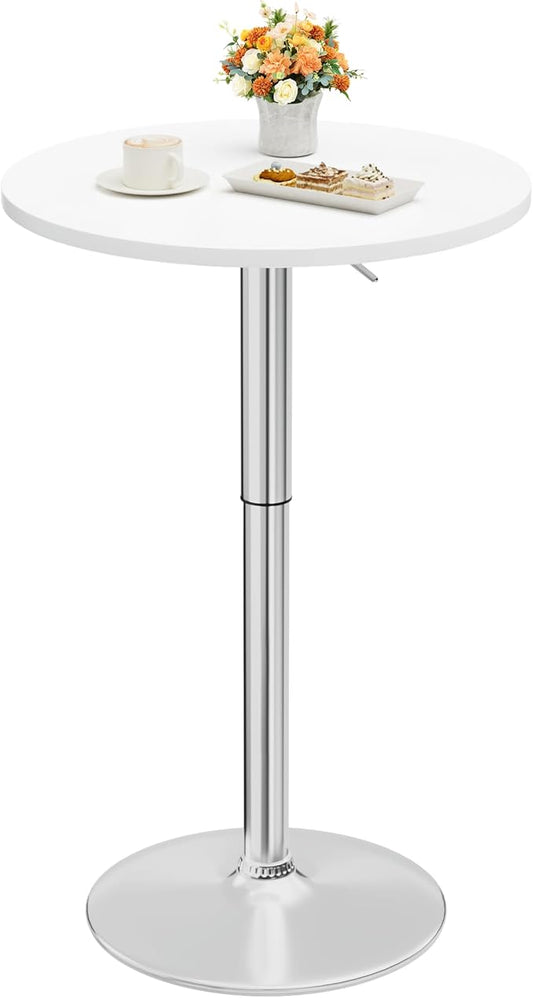 Shahoo Round Bar Table, Adjustable Height and 360° Swivel Bistro Pub Table, Cooktail Table for Bar, Bistro, Dining Room, White with Silver Base