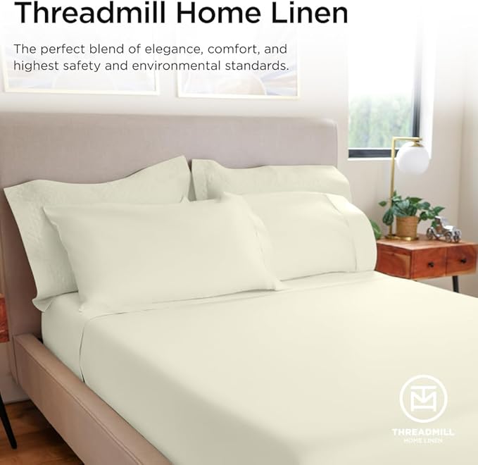 Threadmill 100% Cotton Sheets for Twin Size Bed - 600 Thread Count Twin Bed Sheets Set with 15” Deep Pocket - Sateen Weave 3-Piece Bedding Set with Cooling Effect, Ivory