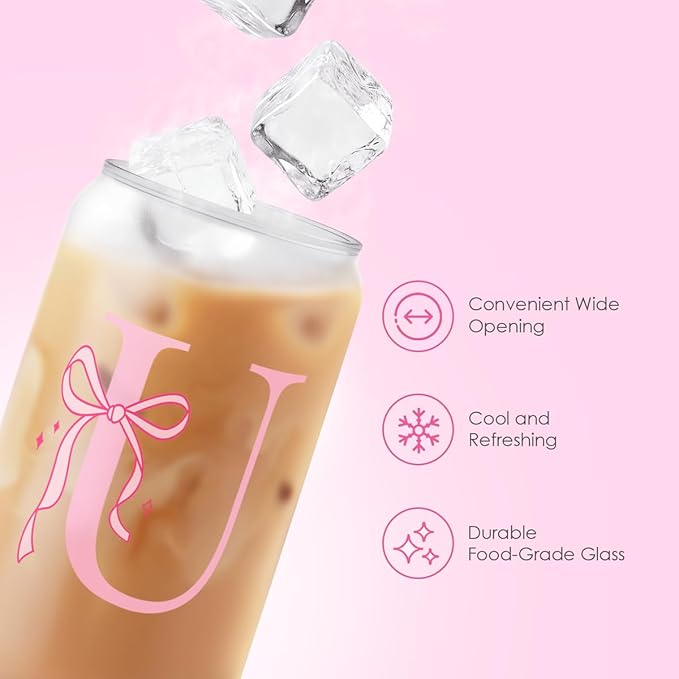 SANDJEST Monogrammed Glass Drinking Can Cup with Acrylic Lid and Straw, Personalized Frosted Iced Coffee Tumbler 16oz, Monogram Initial Gifts for Women Girls on Birthday (U)