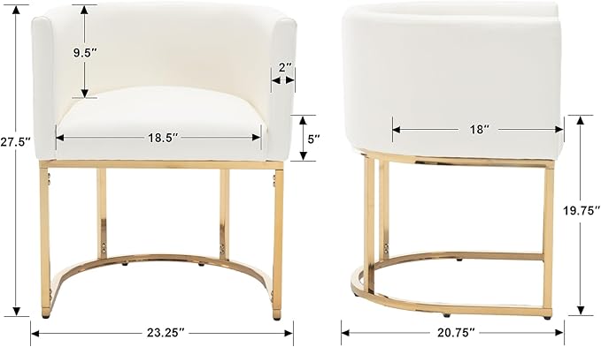 Faux Leather Dining Chairs Set of 4 Modern Barrel Arm Chairs with Golden Metal Frame, Upholstered 18.5" Wide Accent Chairs for Living Room, Dining Room, Restaurant, White
