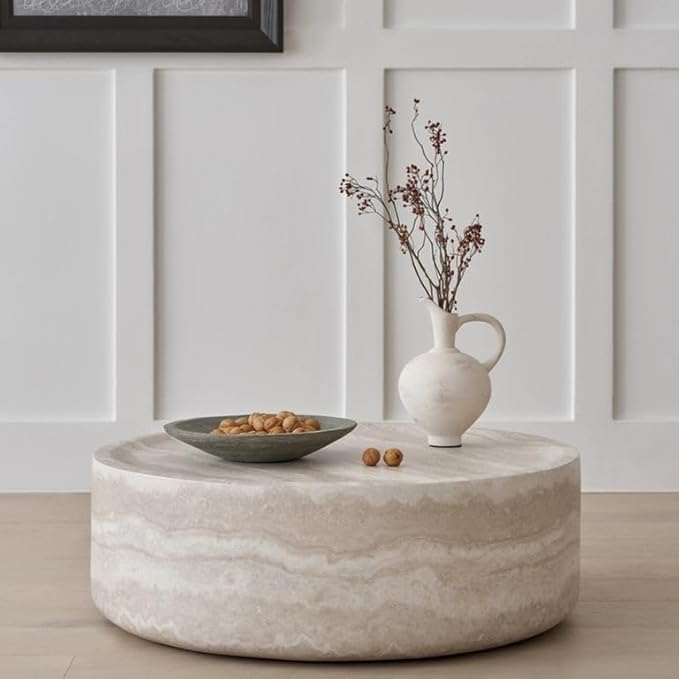 Round Coffee Table 35.43'' Marble Pattern Drum Shaped Coffee Table Fiberglass Cocktail Table Center Table for Living Room ome Office, Fully Assembled, White