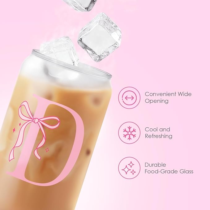 SANDJEST Monogrammed Glass Drinking Can Cup with Acrylic Lid and Straw, Personalized Frosted Iced Coffee Tumbler 16oz, Monogram Initial Gifts for Women Girls on Birthday (D)