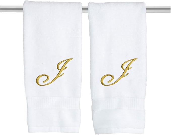 White Monogrammed Hand Towels for Bathroom - Luxury Hotel Quality Personalized Initial Embroidered Towel for Powder Room, Spa - GOTS Organic Certified - Set of 2 Gold Letter J