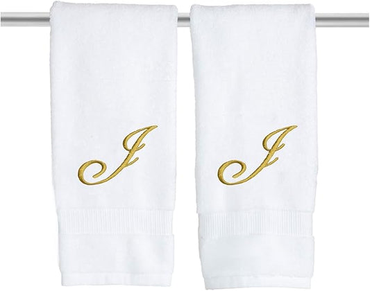 White Monogrammed Hand Towels for Bathroom - Luxury Hotel Quality Personalized Initial Embroidered Towel for Powder Room, Spa - GOTS Organic Certified - Set of 2 Gold Letter J
