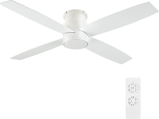 WINGBO 52" Flush Mount DC Ceiling Fan without Lights, 4 Reversible Blades, Ultra Quiet 6-Speed DC Motor, Hugger Low Profile Indoor Ceiling Fan No Lights, White Finish