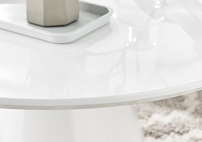 Furniturebox UK Coffee Table - Palma Round Coffee Table - Contemporary Minimalist Round Coffee Table with Tapered Central Pillar - White High-Gloss Finish - Living Room Furniture