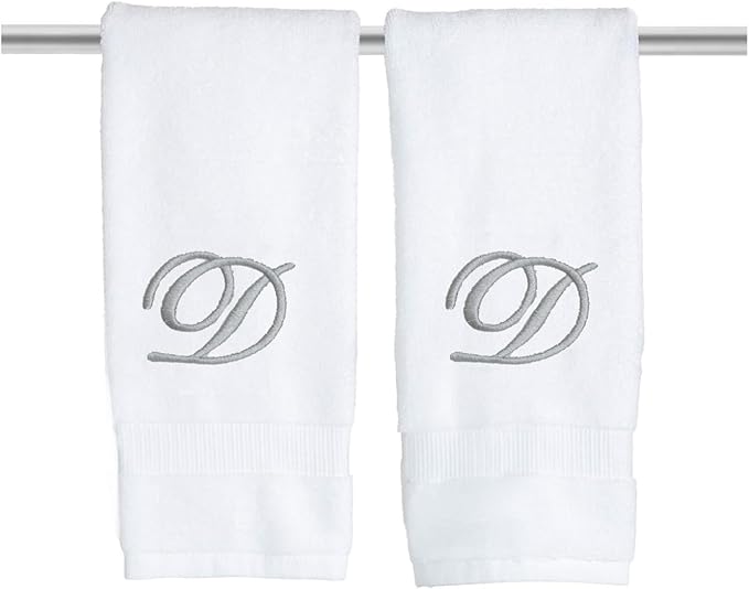 White Monogrammed Hand Towels for Bathroom - Luxury Hotel Quality Personalized Initial Embroidered Towel for Powder Room, Spa - GOTS Organic Certified - Set of 2 Silver Letter D