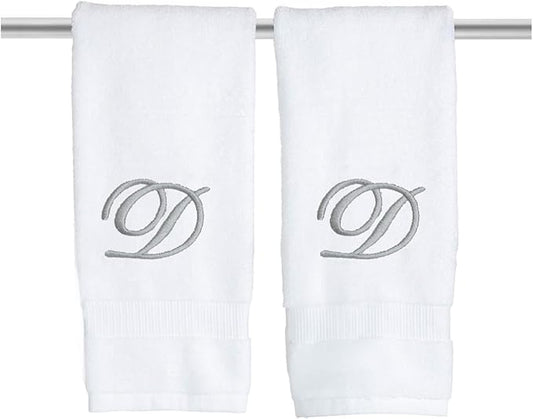 White Monogrammed Hand Towels for Bathroom - Luxury Hotel Quality Personalized Initial Embroidered Towel for Powder Room, Spa - GOTS Organic Certified - Set of 2 Silver Letter D
