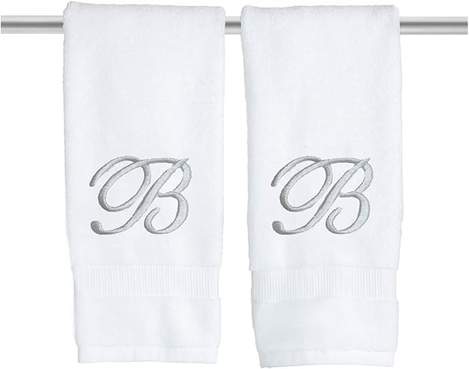 White Monogrammed Hand Towels for Bathroom - Luxury Hotel Quality Personalized Initial Embroidered Towel for Powder Room, Spa - GOTS Organic Certified - Pack of 2 Silver, Letter B