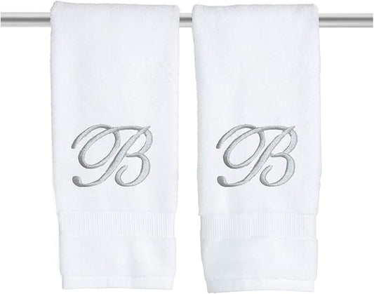 White Monogrammed Hand Towels for Bathroom - Luxury Hotel Quality Personalized Initial Embroidered Towel for Powder Room, Spa - GOTS Organic Certified - Pack of 2 Silver, Letter B