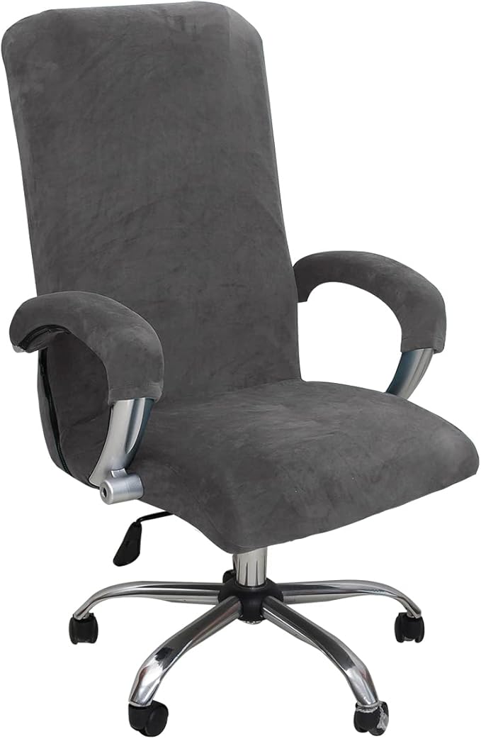 Velvet Plush Stretchable Office Computer Chair Cover Ergonomic - Cat Proof Protector for Mesh Office Desk Chair with Wheels and Armrests - Comfy Executive Rolling Chairs for Home Office, Gray, XL