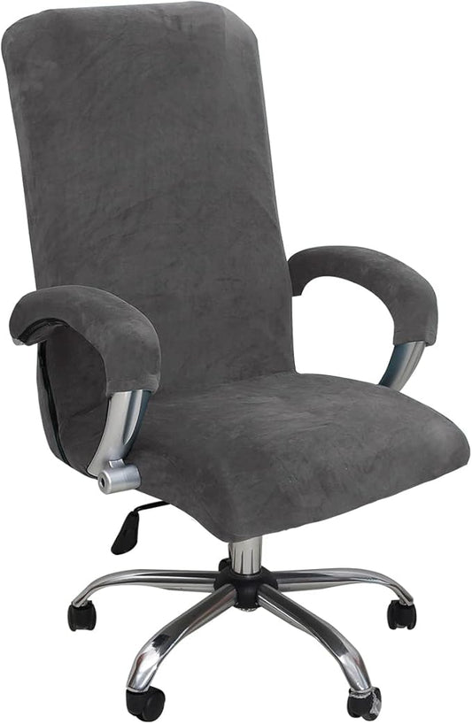 Velvet Plush Stretchable Office Computer Chair Cover Ergonomic - Cat Proof Protector for Mesh Office Desk Chair with Wheels and Armrests - Comfy Executive Rolling Chairs for Home Office, Gray, XL